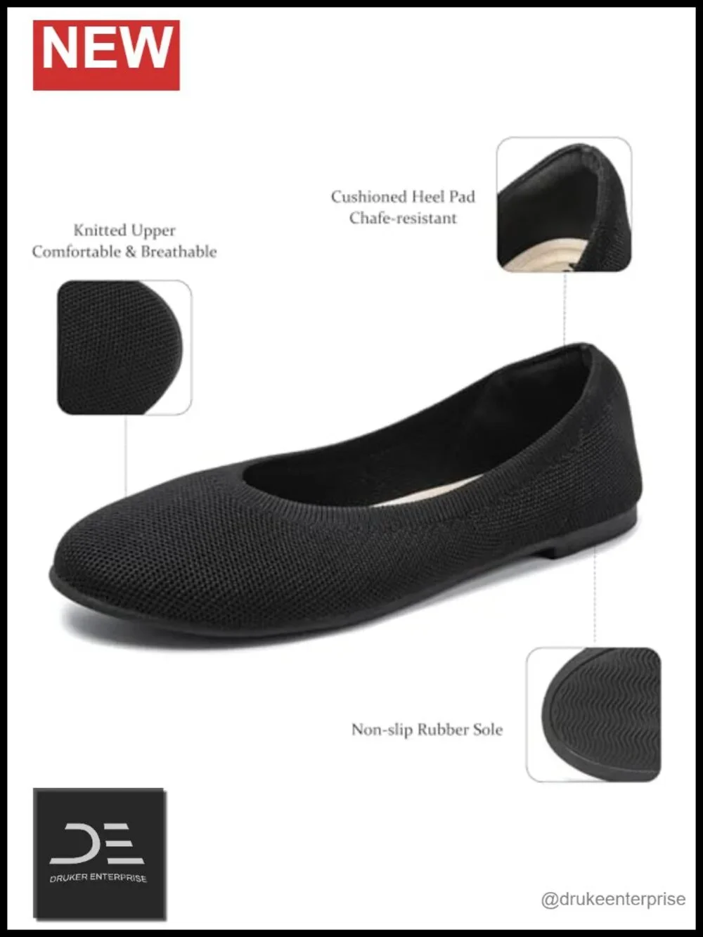 Women's Wide Width Knit Ballet Flats Memory Foam Insole Slip On Shoes